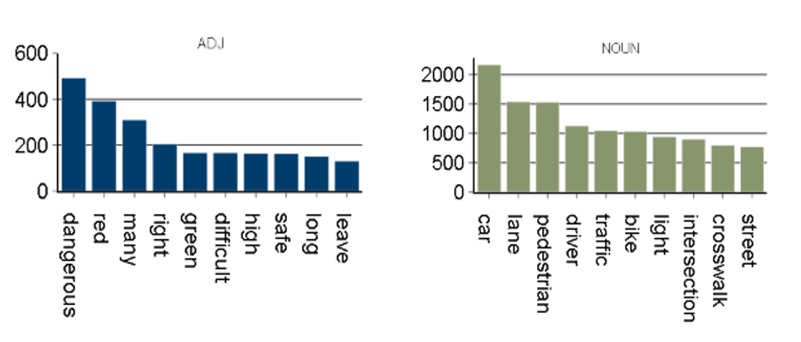 Two graphs showing the most common adjectives and nouns in the survey comments
