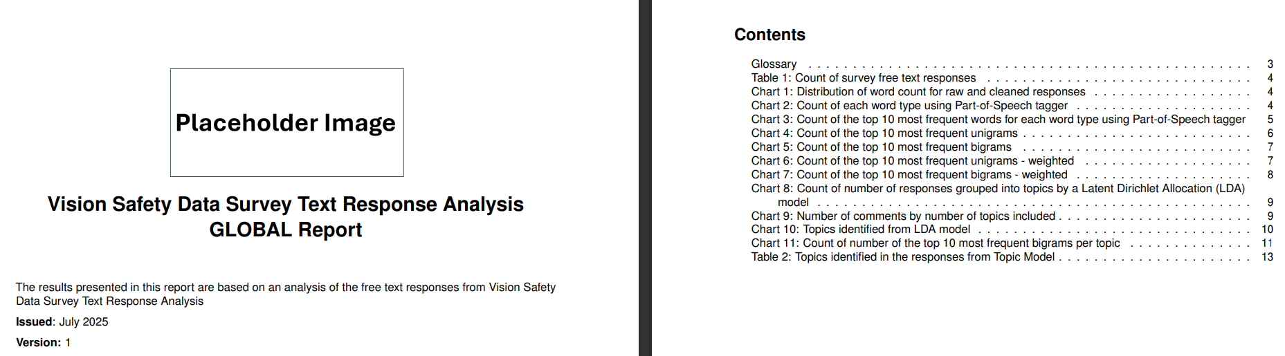 First two pages from generated PDF report showing cover and contents page